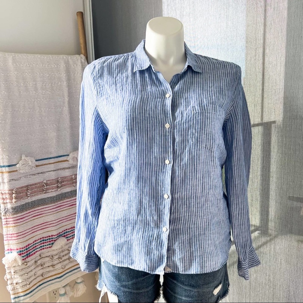 Untuckit Villa Fiore Blue White Striped Linen Long Sleeve Button Down Shirt 12